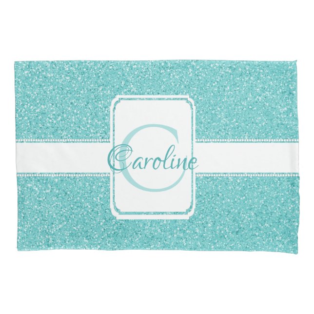 Teal Glitter Personalized Pillow Case (Front)