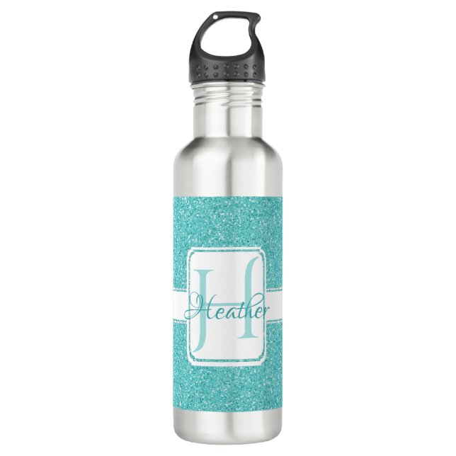Teal Glitter Personalized Water Bottle (Front)