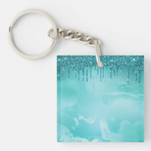 Teal Glitter Rain on Luxury Metal Marble Keychain