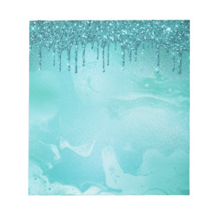 Teal Glitter Rain on Luxury Metal Marble Notepad