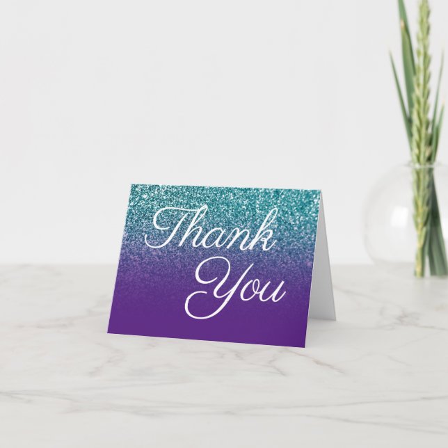 Teal Glitter Royal Purple Ombre Thank You Card (Front)