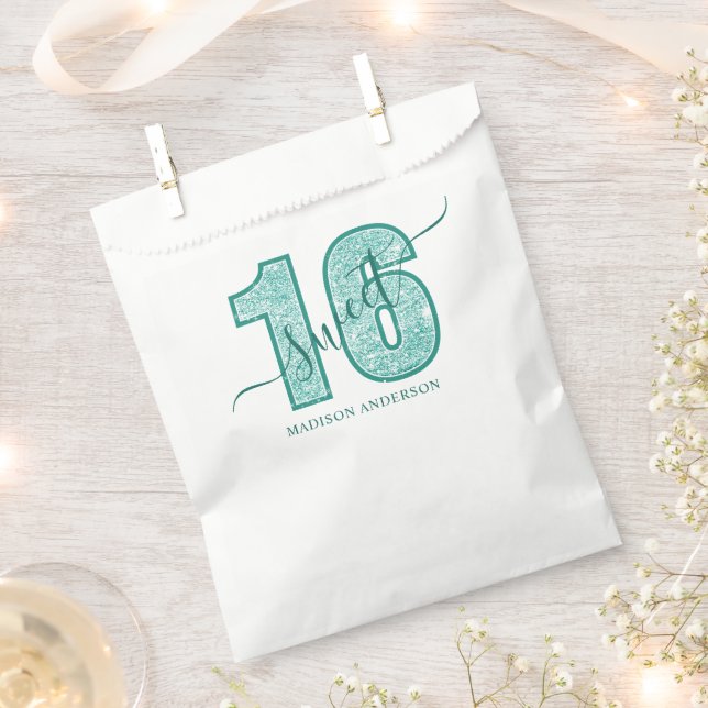 Teal Glitter Script Sweet 16 Birthday Favour Bag (Clipped)