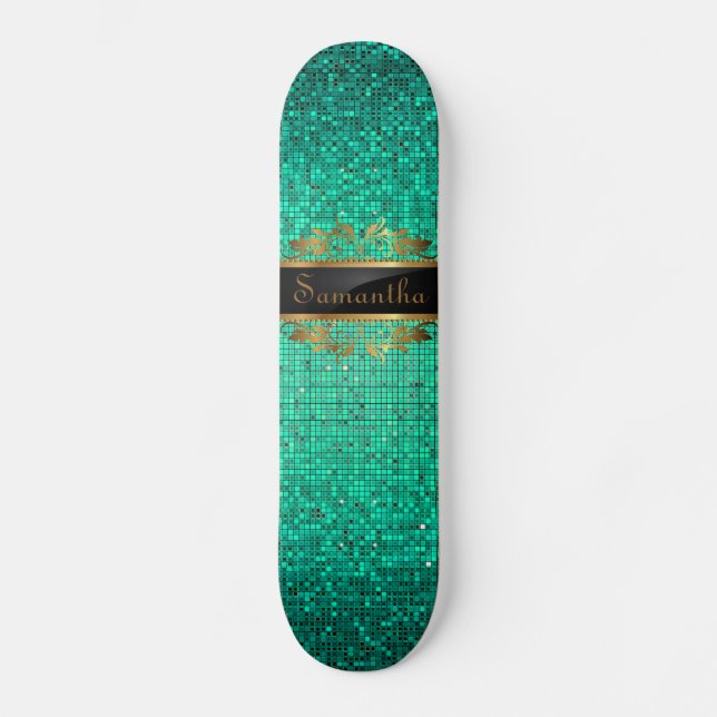 Teal Glitter Sequin Disco Glitz Comp Skateboard (Front)