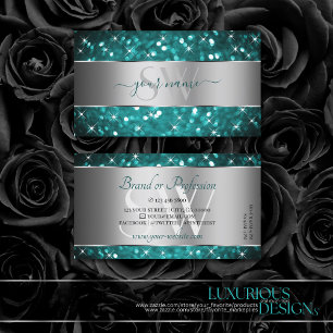 Teal Glitter Sparkle Stars Initial Silver Decor Business Card