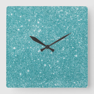 Teal Glitter Sparkles Square Wall Clock
