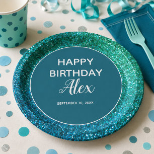Teal Glitter Surprise Birthday Party      Paper Plate