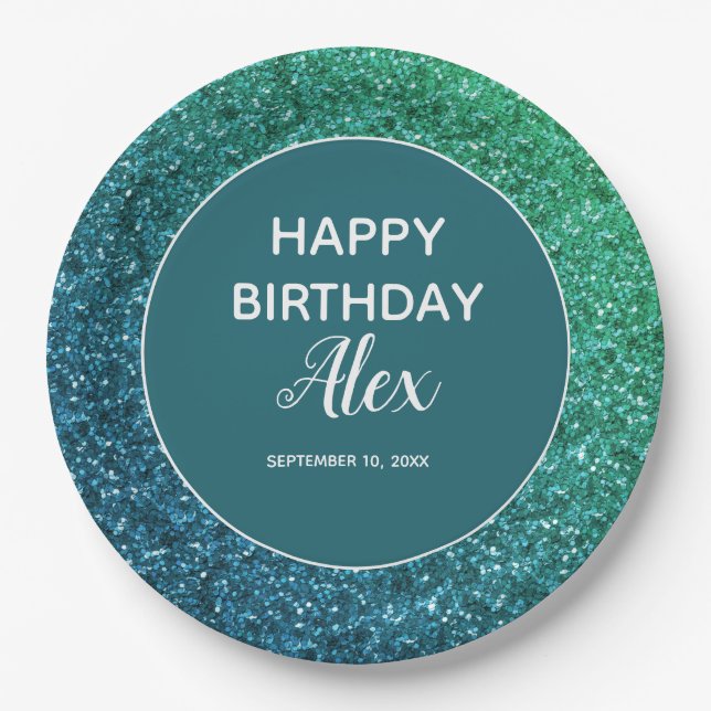 Teal Glitter Surprise Birthday Party      Paper Plate (Front)