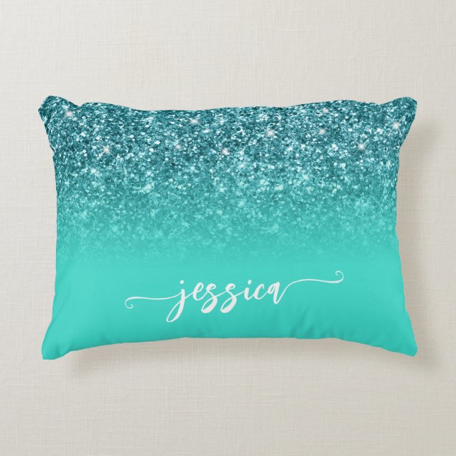Teal Glitter Turquoise Ombre Modern Script Accent Pillow (Front)
