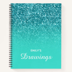 Teal Glitter Turquoise Ombre Personalized Drawing Notebook