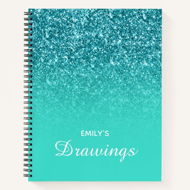 Teal Glitter Turquoise Ombre Personalized Drawing Notebook (Front)