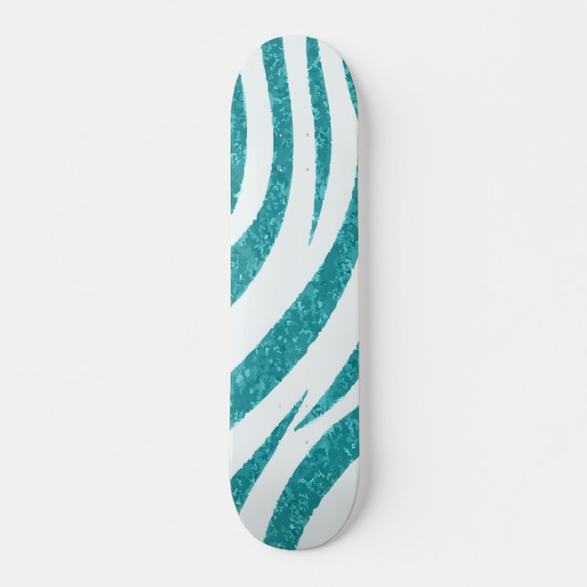 Teal Glitter Zebra Pattern on White Modern Design Skateboard (Front)