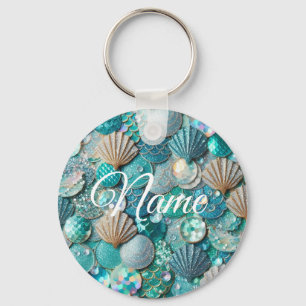 Teal Glittery Mermaid Print With Seashells Keychain
