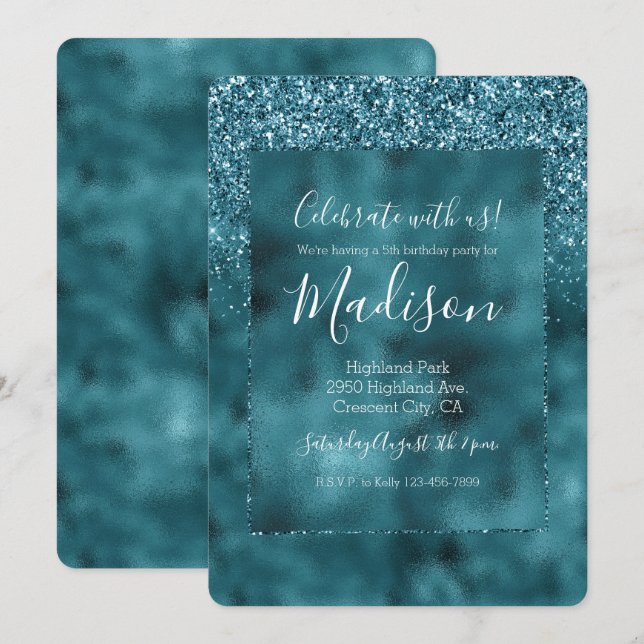 Teal Glitz Glitter Glam Invitation (Front/Back)