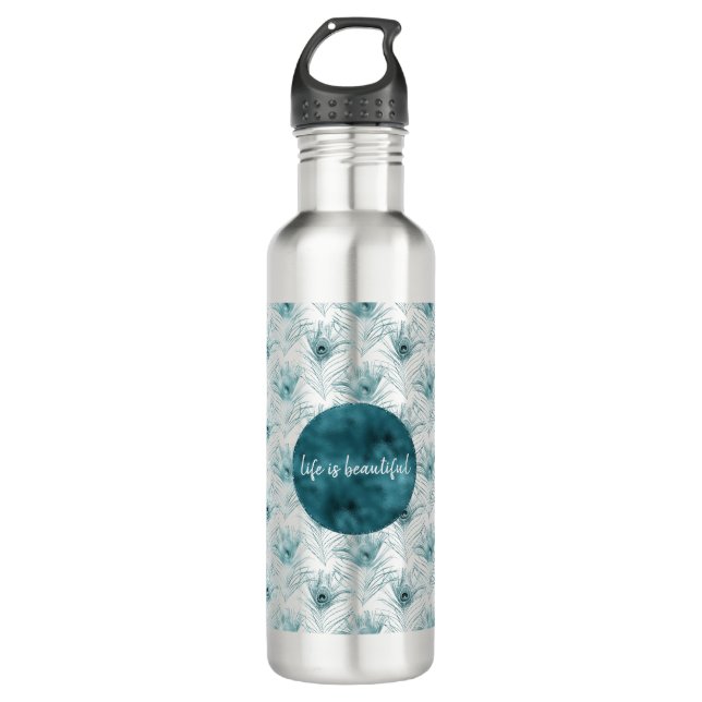 Teal Glitzy Glam Peacock Feathers 710 Ml Water Bottle (Front)