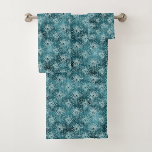 Teal Glitzy Glam Peacock Feathers Bath Towel Set (Insitu)