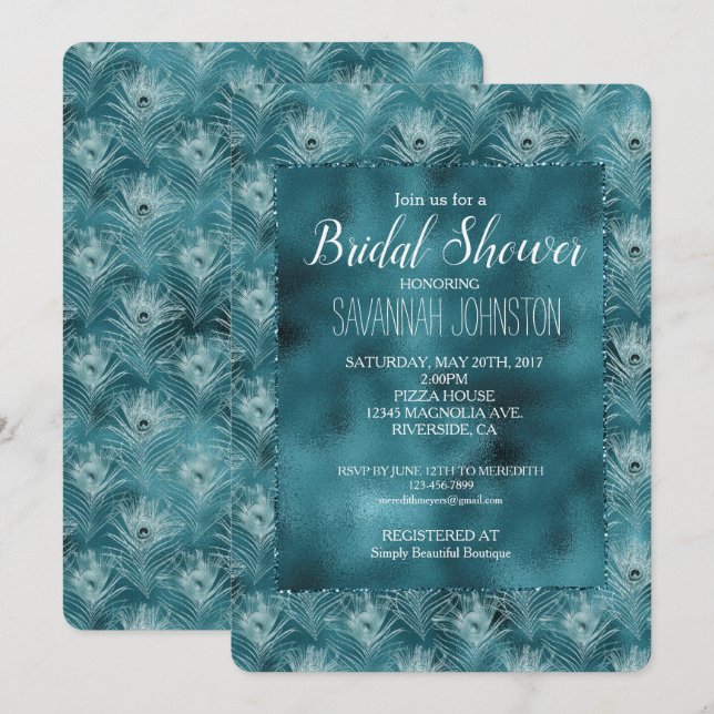 Teal Glitzy Glam Peacock Feathers Bridal Shower Invitation (Front/Back)