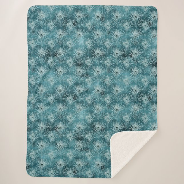 Teal Glitzy Glam Peacock Feathers Sherpa Blanket (Front)