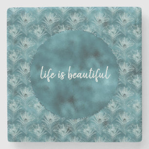 Teal Glitzy Glam Peacock Feathers Stone Coaster