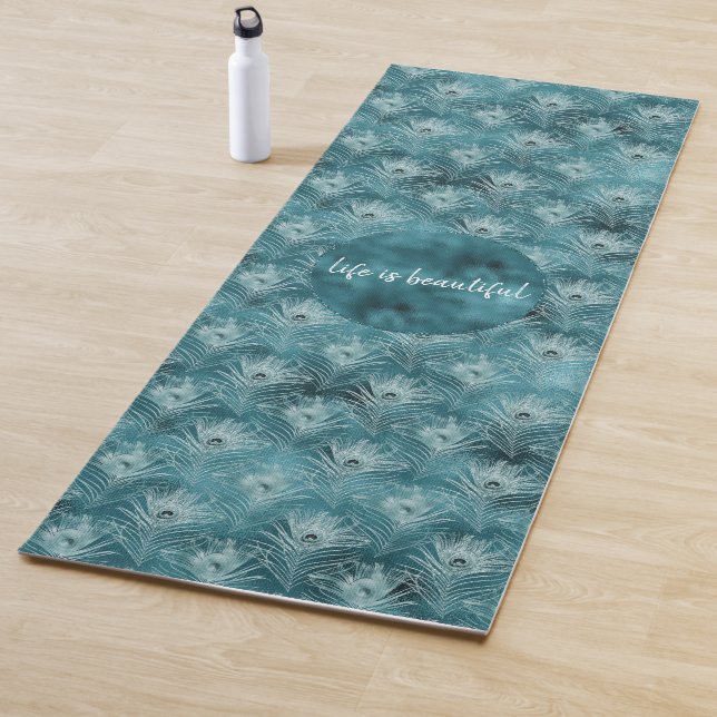 Teal Glitzy Glam Peacock Feathers Yoga Mat (In Situ)