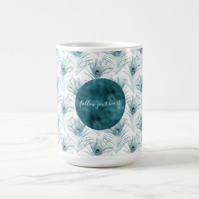 Teal Glitzy Peacock Feathers Coffee Mug (Center)
