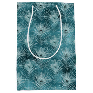 Teal Glitzy Peacock Feathers Medium Gift Bag
