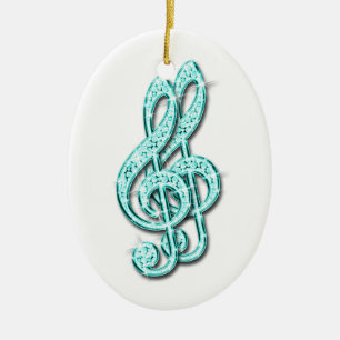 Teal Glitzy Sparkly Diamond Music Notes Ceramic Ornament