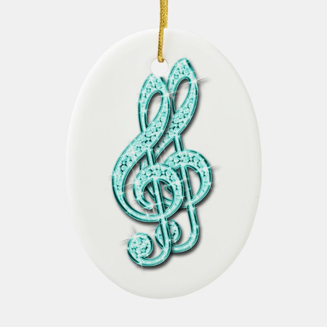 Teal Glitzy Sparkly Diamond Music Notes Ceramic Ornament (Front)