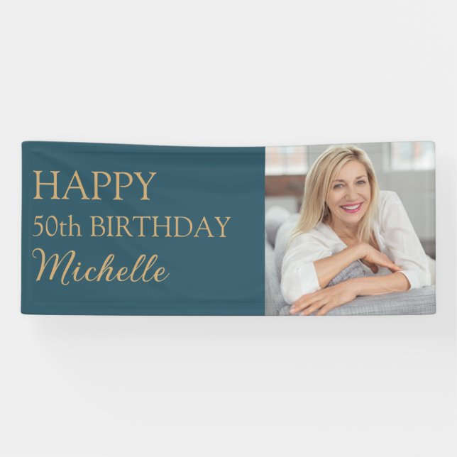 Teal Gold 50th Birthday Any Age Name Photo Banner (Horizontal)