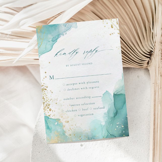 Teal Gold Abstract Beach Wedding Meal Options RSVP Card (Creator Uploaded)