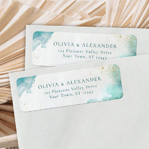 Teal Gold Abstract Beach Wedding Return Address