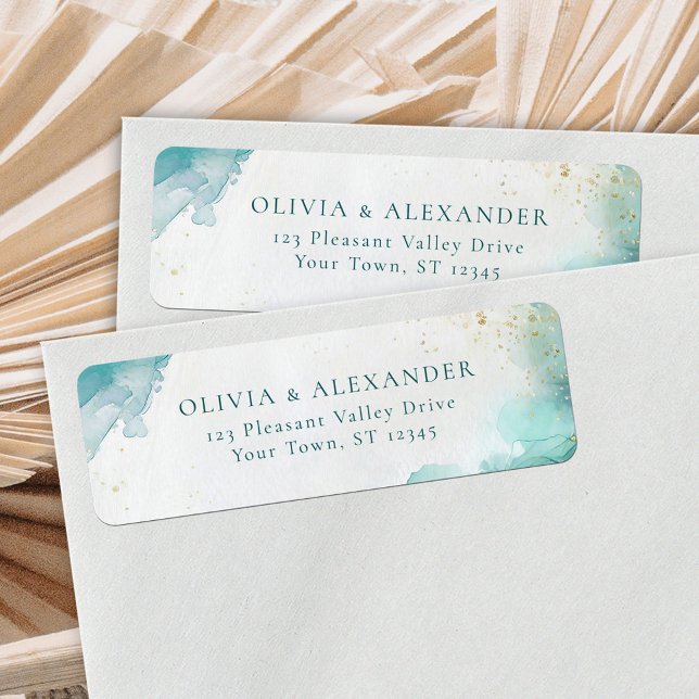 Teal Gold Abstract Beach Wedding Return Address (Créateur téléchargé)