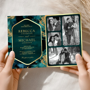 Teal Gold Abstract Fluid Ink QR Code Wedding Invitation