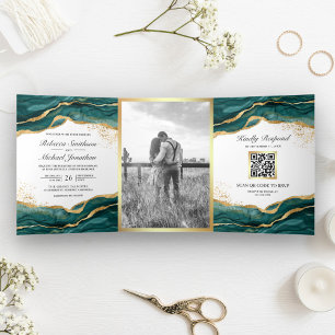 Teal Gold Abstract Ink QR Code Wedding Tri-Fold Invitation