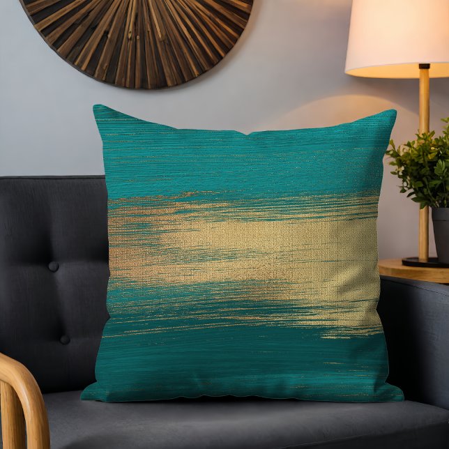 Teal Gold Abstract Painterly Brushstrokes Throw Pillow (Creator Uploaded)