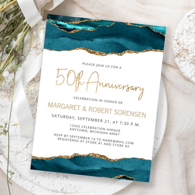 Teal Gold Agate 50th Anniversary Invitation (Créateur téléchargé)