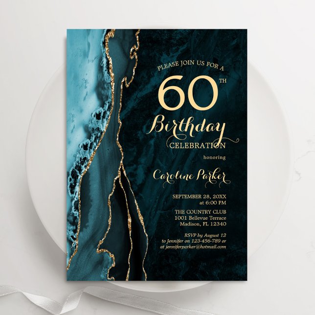 Teal Gold Agate 60th Birthday Invitation (Creator Uploaded)