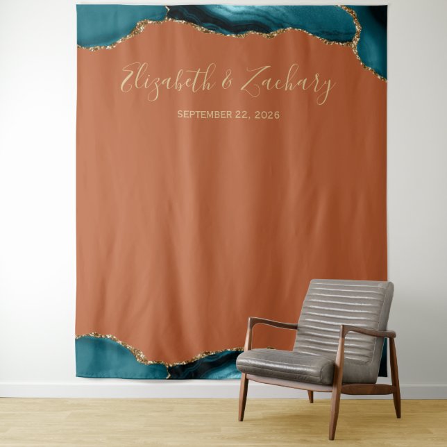Teal Gold Agate Border Rust Wedding Photo Booth Tapestry (In Situ)