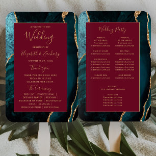 Teal Gold Agate Burgundy Wedding Program Hand Fan