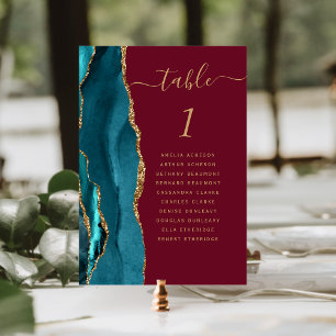 Teal Gold Agate Burgundy Wedding Table Number