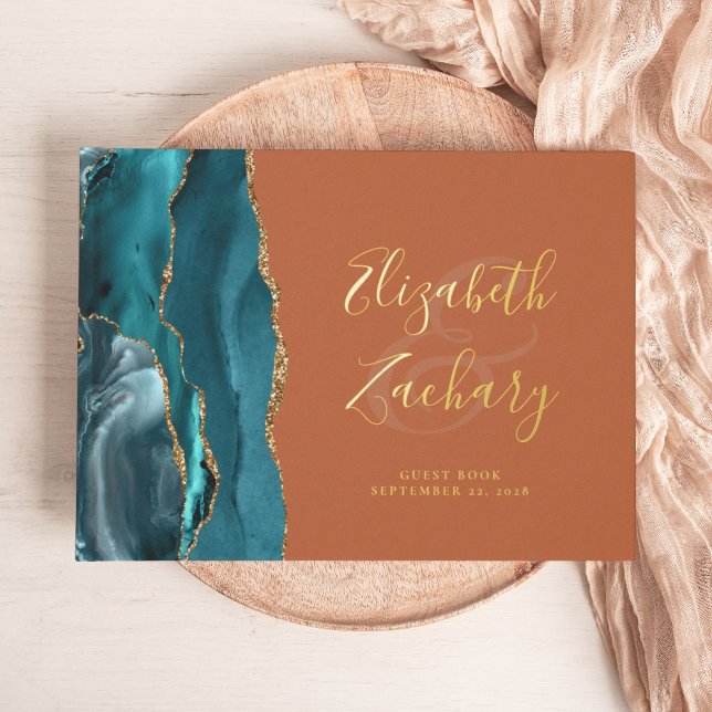 Teal Gold Agate Burnt Orange Script Guest Book (Creator Uploaded)