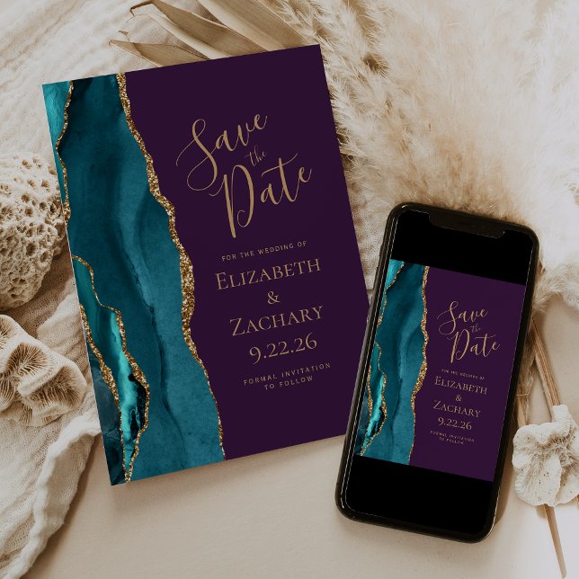 Teal Gold Agate Deep Purple Wedding Save the Date Announcement (Creator Uploaded)