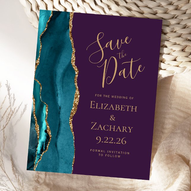 Teal Gold Agate Deep Purple Wedding Save the Date Announcement Postcard (Creator Uploaded)