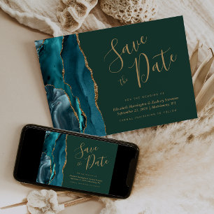Teal Gold Agate Emerald Green Save the Date Invitation