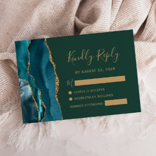 Teal Gold Agate Emerald Green Wedding RSVP Card