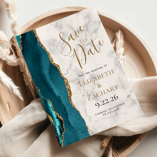 Teal Gold Agate Marble Save the Date Announcement