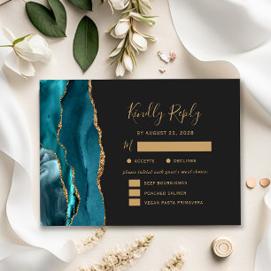 Teal Gold Agate Meal Options Dark Wedding RSVP Card