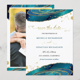 Teal Gold Agate Photo Save The Date Invitation