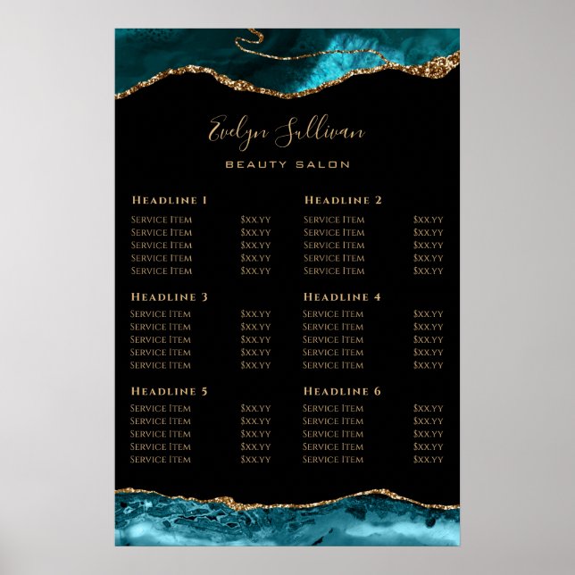 Teal Gold Agate Price List Poster (Front)