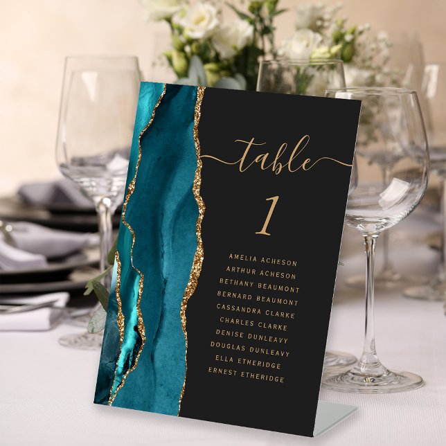 Teal Gold Agate Script Dark Wedding Table Number Pedestal Sign (Creator Uploaded)