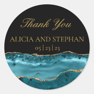 Teal Gold Agate Wedding Favour Thank You  Classic Round Sticker